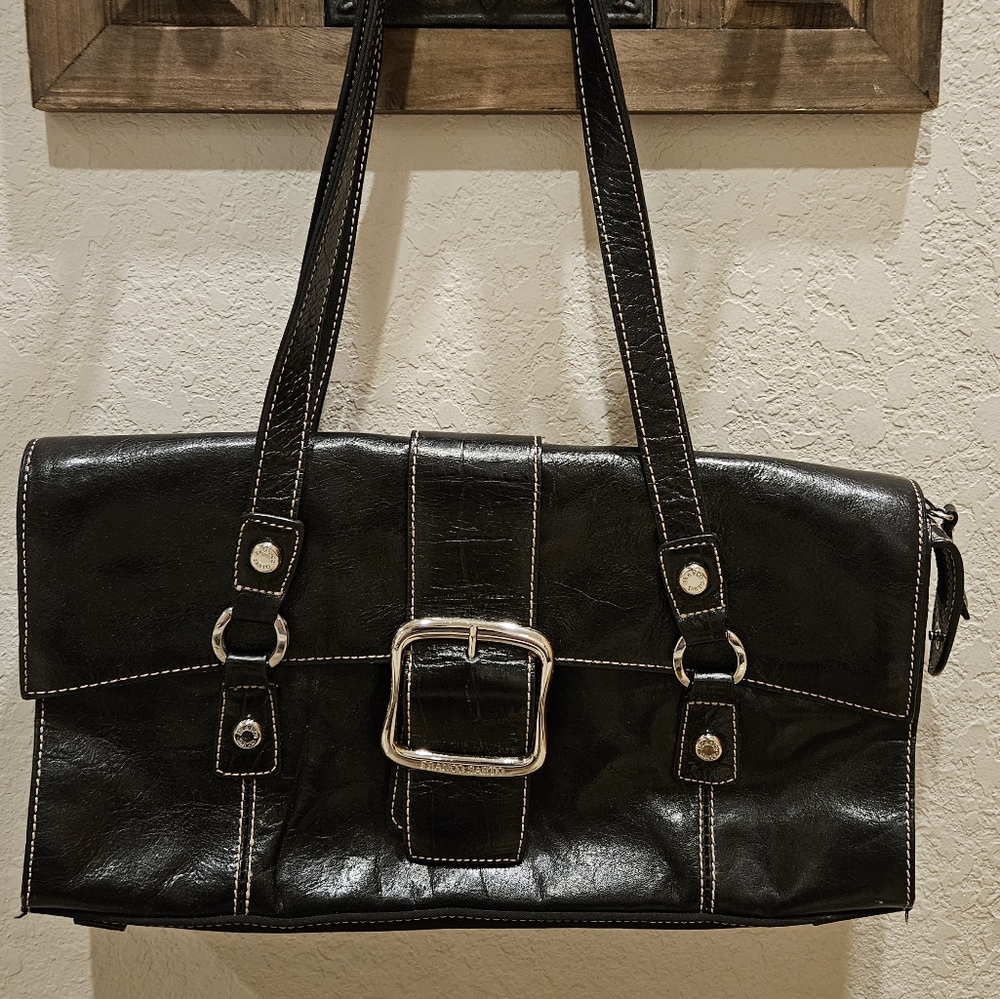 Franco Sarto Chic Black Leather Handbag with Silver Buckle
